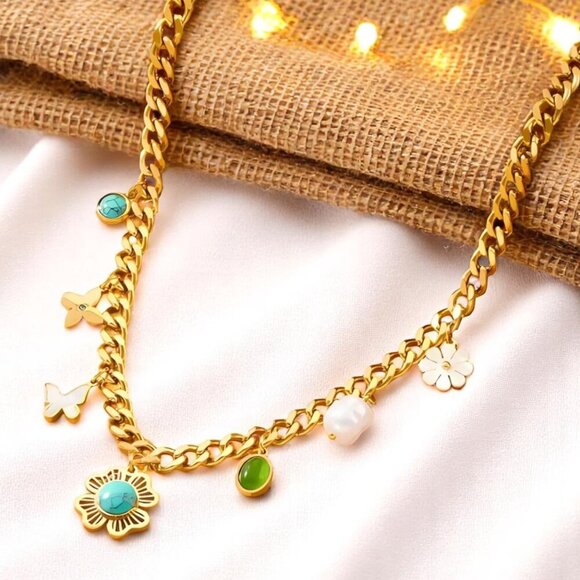 🆕Chunky 18K Gold Plated TrendybNecklace Colorful Charms Pearl Accents Y2K Style - Picture 13 of 13
